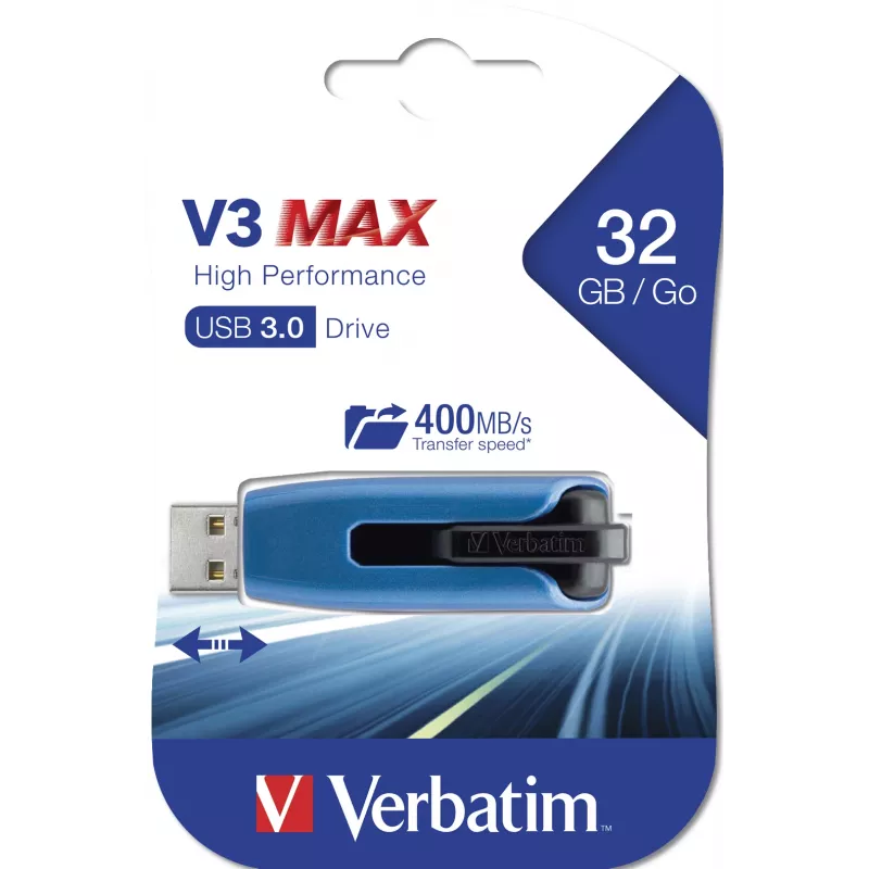 Verbatim V3 MAX - USB 3.0 atm iņa 32 GB - zila, 32 GB, USB Type-A, 3.2 Gen 1 (3.1 Gen 1), 175 MB/s, Slide, zila