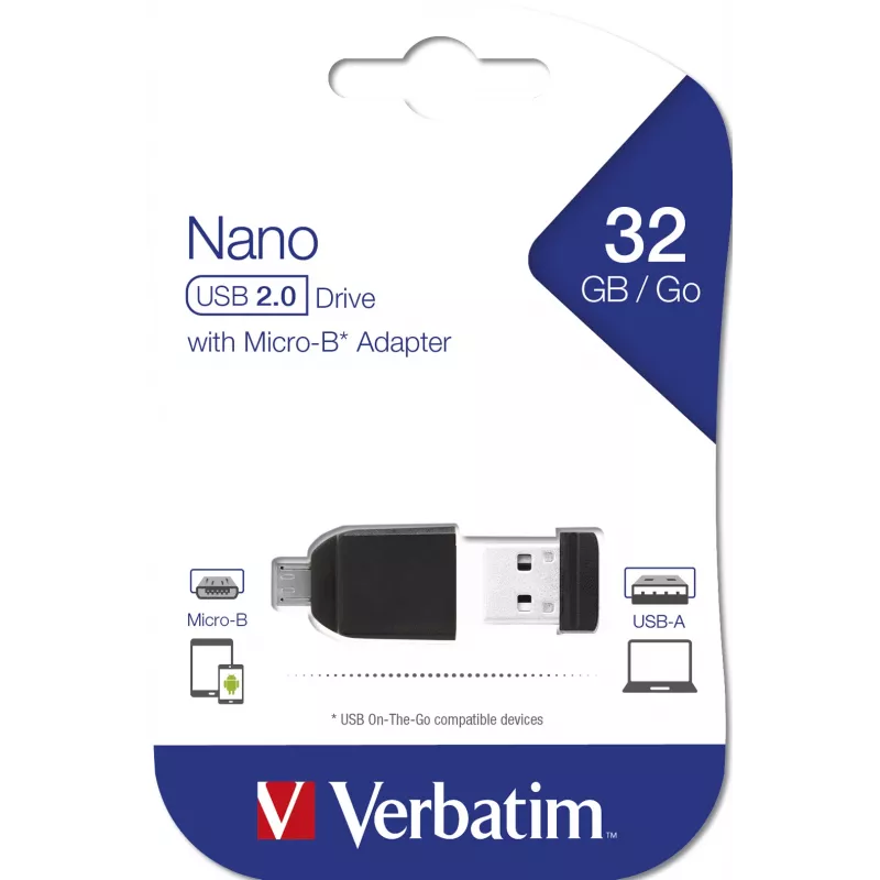 Verbatim Nano - USB 2.0 disks ar Micro USB adapteri, 32 GB - melns