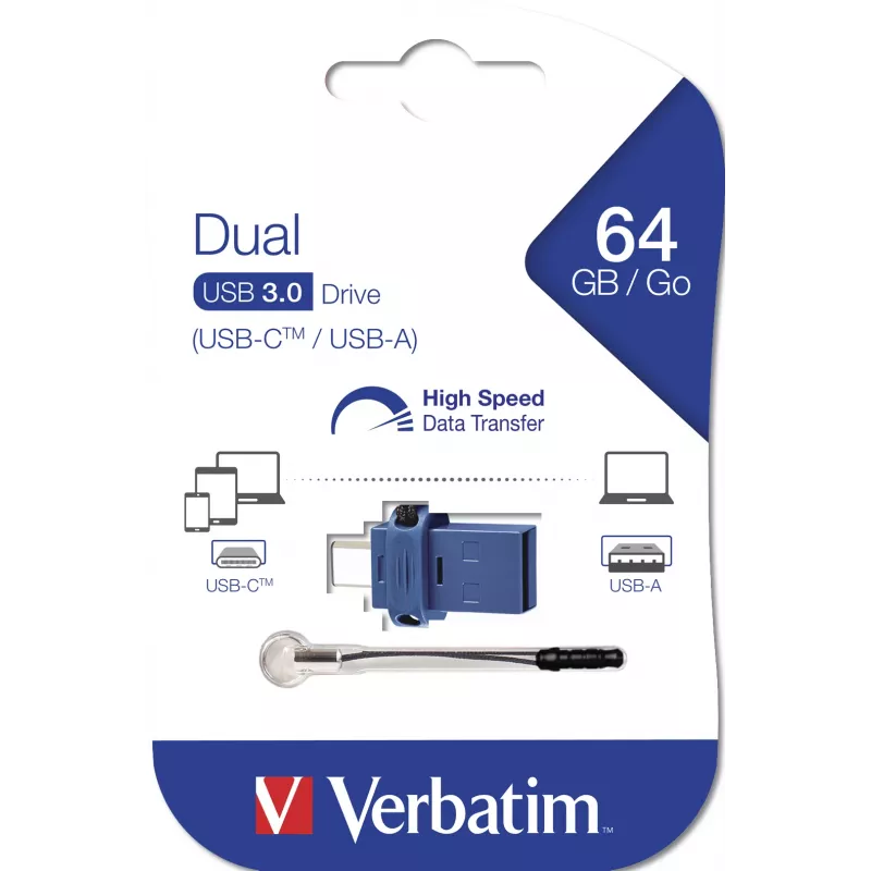 Verbatim Dual - USB 3.0 disks 64 GB - USB-C / USB-A - zils, 64 GB, USB Type-A / USB Type-C, 3.2 Gen 1 (3.1 Gen 1), bez vāciņa, 3,6 g, melns, zils, sudraba