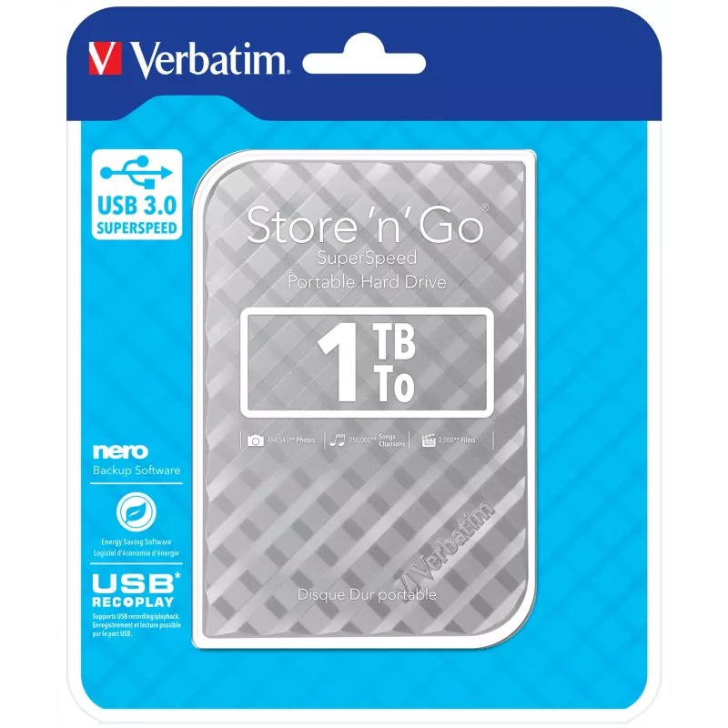 Verbatim Store 'n' Go USB 3.0 cietais disks 1TB sudraba krāsā, 1 TB, 3.2 Gen 1 (3.1 Gen 1), 5400 RPM, sudraba