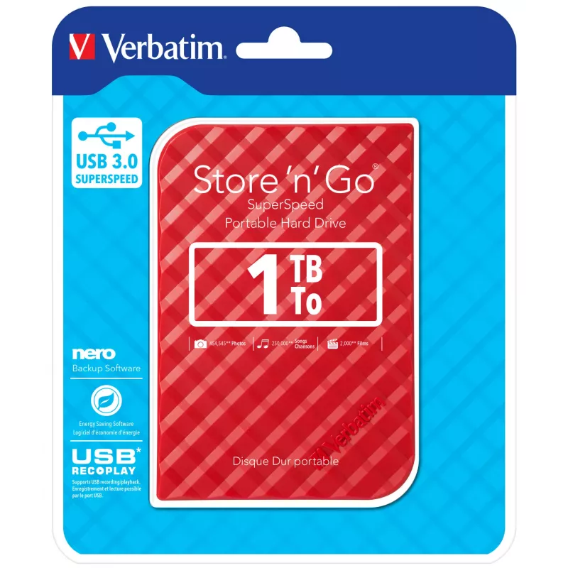 Verbatim Store 'n' Go USB 3.0 ārējais cietais disks 1TB sarkanā krāsā, 1 TB, 3.2 Gen 1 (3.1 Gen 1), 5400 RPM, sarkans