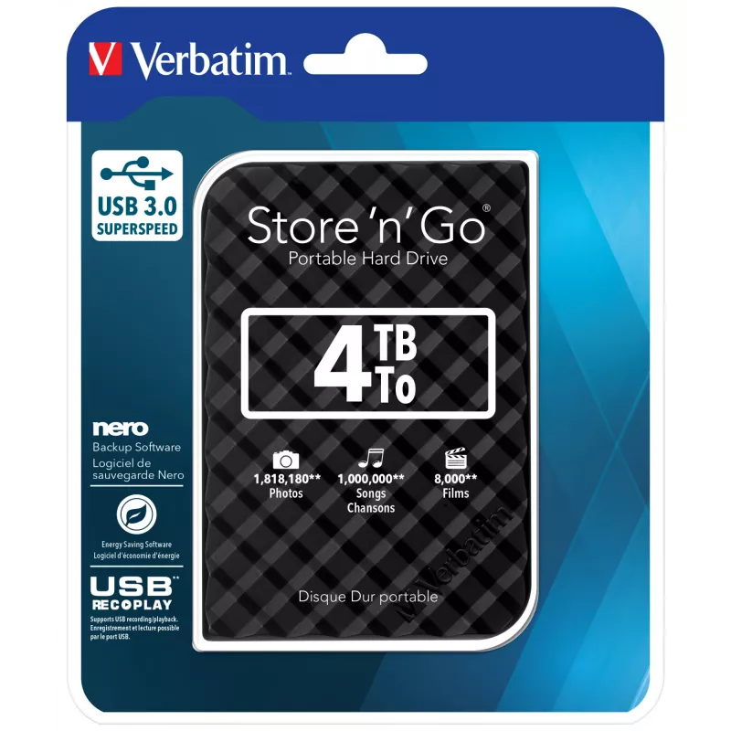 Verbatim Store 'n' Go USB 3.0 cietais disks 4TB melns, 4 TB, 3.2 Gen 1 (3.1 Gen 1), 5400 RPM, melns