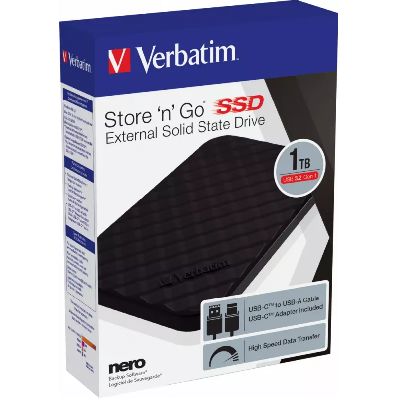Verbatim Store 'n' Go Portable SSD USB 3.2 GEN 1 1TB, 1 TB, USB Type-C, 3.2 Gen 1 (3.1 Gen 1), melns