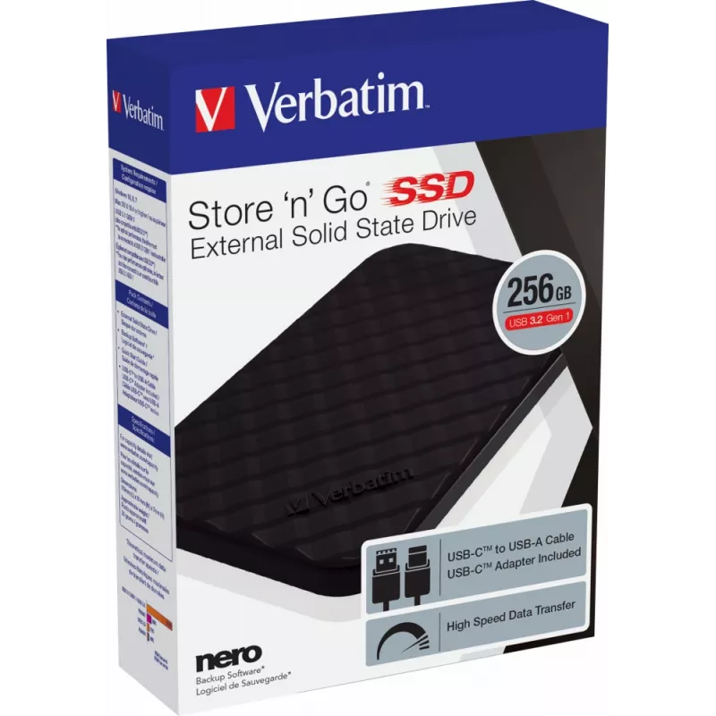 Verbatim Store 'n' Go Portable SSD USB 3.2 GEN 1 256GB, 256 GB, USB Type-C, 3.2 Gen 1 (3.1 Gen 1), melns