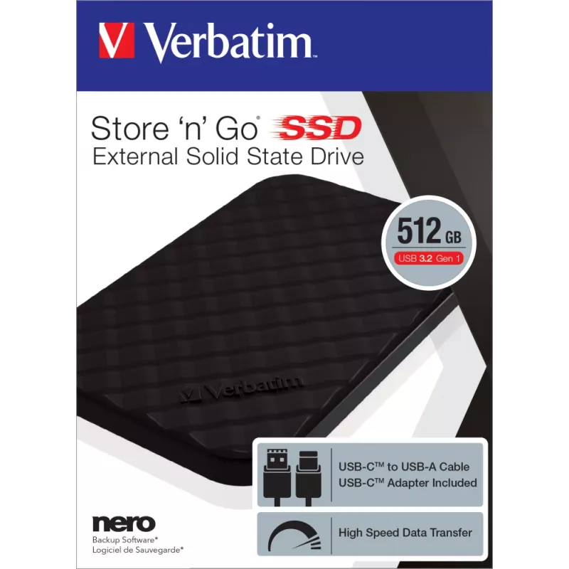 Verbatim Store 'n' Go Portable SSD USB 3.2 GEN 1 512GB, 512 GB, USB Type-C, 3.2 Gen 1 (3.1 Gen 1), Melns
