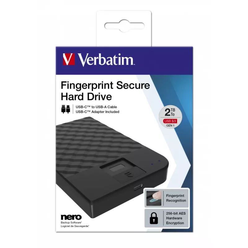 Verbatim Fingerprint Secure Portable Hard Drive 2TB, 2 TB, 3.2 Gen 1 (3.1 Gen 1), Melns