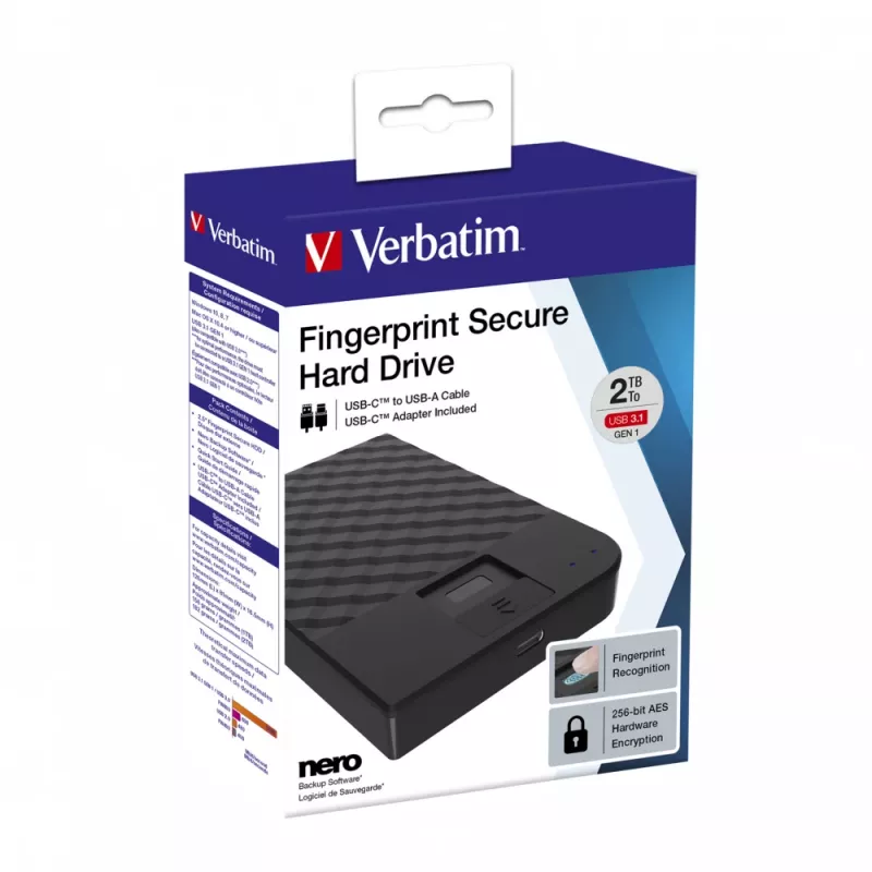 Verbatim Fingerprint Secure Portable Hard Drive 2TB, 2 TB, 3.2 Gen 1 (3.1 Gen 1), Melns