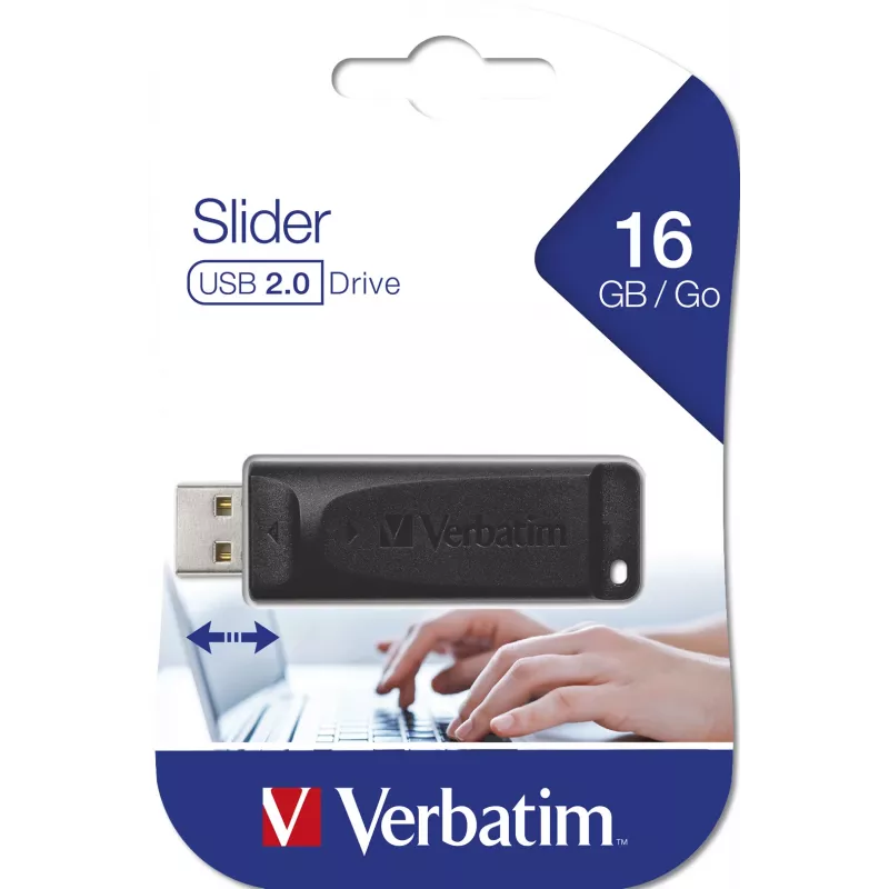 Verbatim Slider - USB diskdzinis 16 GB - Melns, 16 GB, USB Type-A, 2.0, 10 MB/s, Slīdošs, Melns
