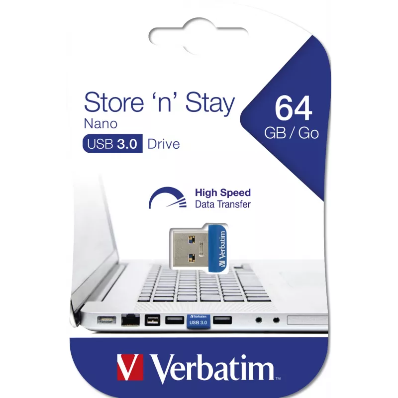 Verbatim Store 'n' Stay NANO - USB 3.0 disks 64 GB - zils, 64 GB, USB Type-A, 3.2 Gen 1 (3.1 Gen 1), vāciņš, 3 g, zils
