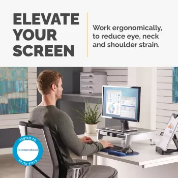 Fellowes Computer Monitor Stand with 5 Height Adjustments - Office Suites Monitor Riser with Storage Tray - Ergonomic Adjustable Monitor Stand for Computers - Max Weight 36KG/Max Size 28 inch - Graphite