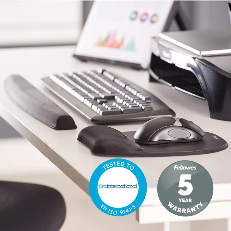 Fellowes peles paklājiņš ar plaukstas balstu, atmiņas putu peles paliktnis, ergonomisks peles paklājiņš, melns