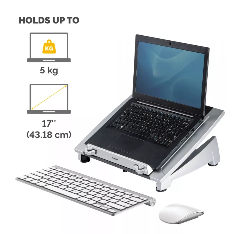 Fellowes klēpjdatora statīvs galdam - Office Suites Plus regulējams klēpjdatora statīvs mājas un biroja lietošanai - klēpjdatora pacēlājs ar 5 augstuma regulējumiem - maksimālais monitora izmērs 17 collas, maksimālais svars 5 kg - melns/sudrabains
