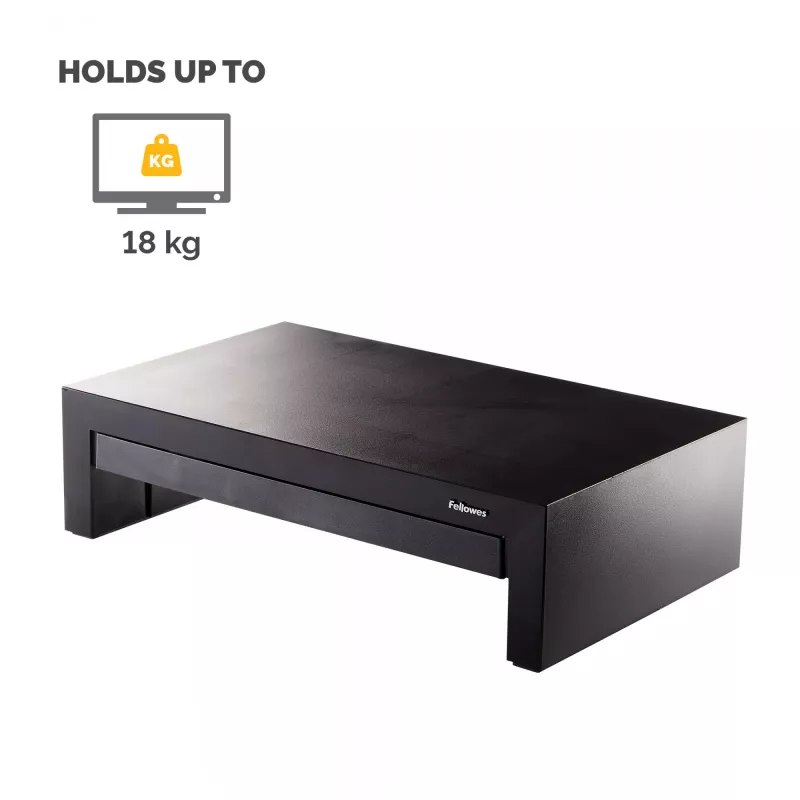 Fellowes datoru monitora statīvs ar 3 augstuma regulēšanas pozīcijām - Designer Suites monitoru paaugstinājums ar glabāšanas paplāti - Ergonomisks regulējams monitora statīvs datoriem - Maksimālais svars 18 kg / maksimālais izmērs 21 colla - melns/pērļains