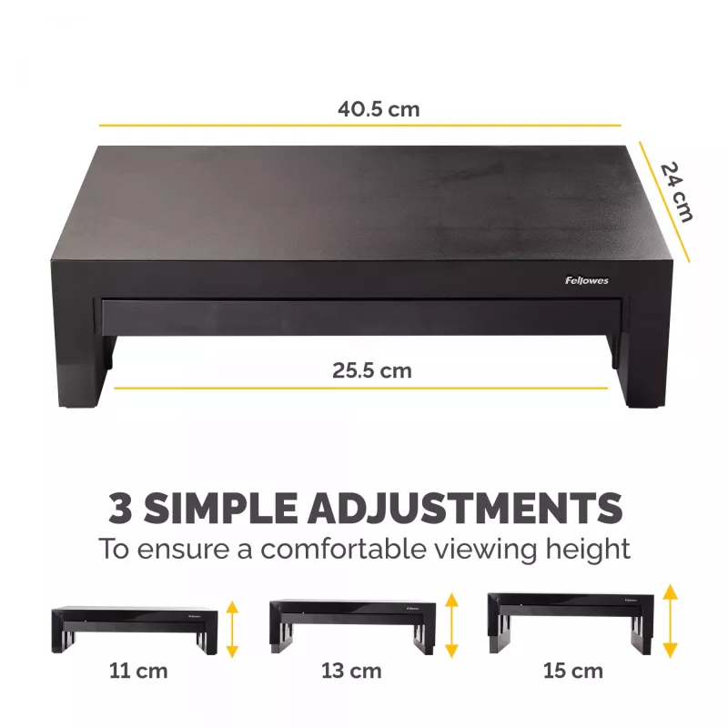 Fellowes datoru monitora statīvs ar 3 augstuma regulēšanas pozīcijām - Designer Suites monitoru paaugstinājums ar glabāšanas paplāti - Ergonomisks regulējams monitora statīvs datoriem - Maksimālais svars 18 kg / maksimālais izmērs 21 colla - melns/pērļains