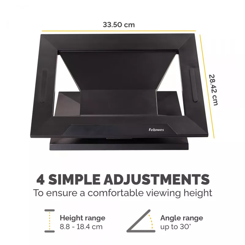 Fellowes Designer Suites klēpjdatora pacēlājs, klēpjdatora statīvs, melns, plastmasa, 43,2 cm (17 collas), 11,3 kg, FIRA International, EN ISO 9241-5