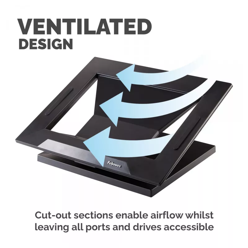 Fellowes Designer Suites klēpjdatora pacēlājs, klēpjdatora statīvs, melns, plastmasa, 43,2 cm (17 collas), 11,3 kg, FIRA International, EN ISO 9241-5