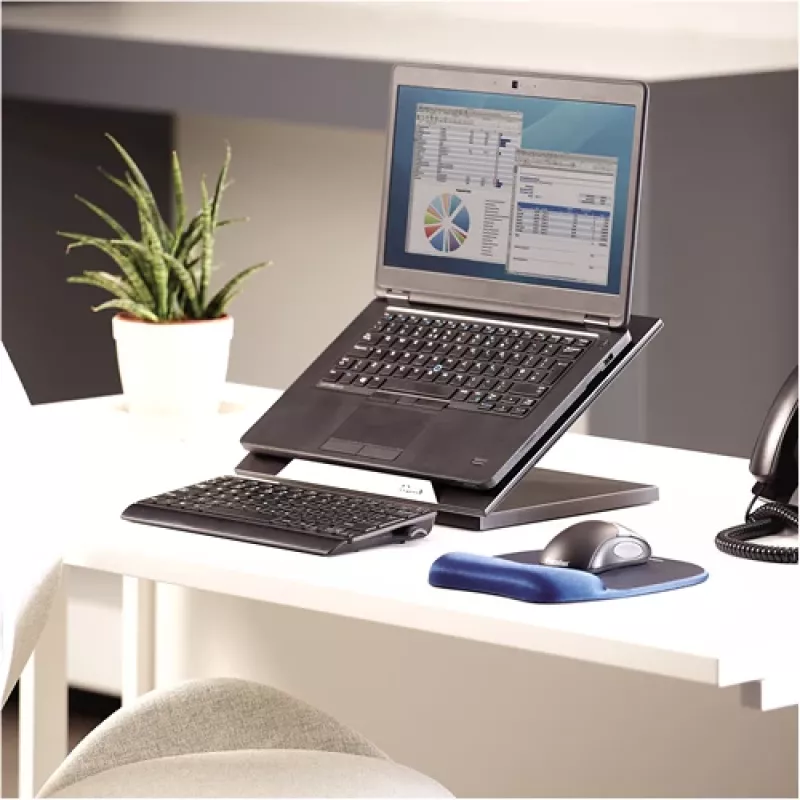 Fellowes Designer Suites klēpjdatora pacēlājs, klēpjdatora statīvs, melns, plastmasa, 43,2 cm (17 collas), 11,3 kg, FIRA International, EN ISO 9241-5
