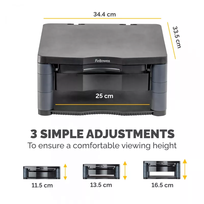 Fellowes Computer Monitor Stand with 3 Height Adjustments - Premium Monitor Riser Plus with kabelis Management - Ergonomic Adjustable Monitor Stand for Computers - Max Weight 36KG/Max Size 21 inch - Graphite