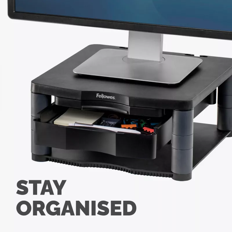 Fellowes Computer Monitor Stand with 3 Height Adjustments - Premium Monitor Riser Plus with kabelis Management - Ergonomic Adjustable Monitor Stand for Computers - Max Weight 36KG/Max Size 21 inch - Graphite