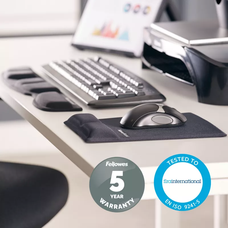 Fellowes tastatūra Wrist Rest - Health-V plaukstas balsts ar antibakteriālu aizsardzību - ergonomisks plaukstas balsts datoriem, klēpjdatoriem, mājas biroja lietošanai - melna