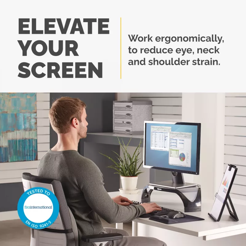 Fellowes datora monitora statīvs ar 3 augstuma regulējumiem - Smart Suites monitora pacēlājs - ergonomisks regulējams monitora statīvs datoriem - maksimālais svars 10 kg/maks. izmērs 21 colla - melns