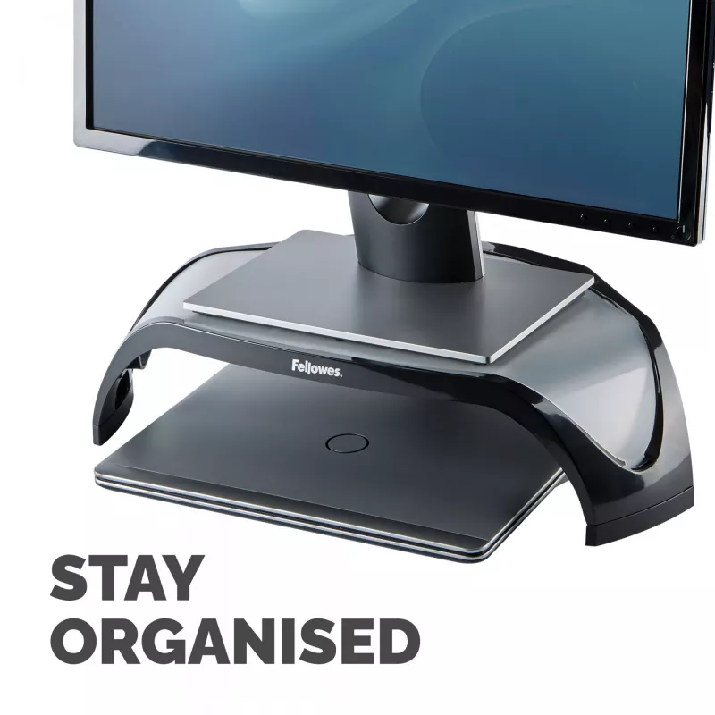 Fellowes datora monitora statīvs ar 3 augstuma regulējumiem - Smart Suites monitora pacēlājs - ergonomisks regulējams monitora statīvs datoriem - maksimālais svars 10 kg/maks. izmērs 21 colla - melns