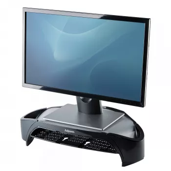 Fellowes datora monitoru statīvs ar 3 augstuma regulējumiem - Smart Suites Monitor Riser Plus ar glabāšanas nodalījumu - Ergonomisks regulējams monitoru statīvs datoriem - Maks. svars 10KG/Maks. izmērs 21 collas - Melns