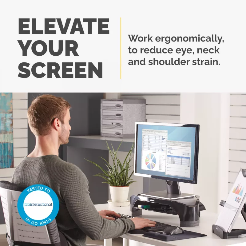 Fellowes datora monitoru statīvs ar 3 augstuma regulējumiem - Smart Suites Monitor Riser Plus ar glabāšanas nodalījumu - Ergonomisks regulējams monitoru statīvs datoriem - Maks. svars 10KG/Maks. izmērs 21 collas - Melns