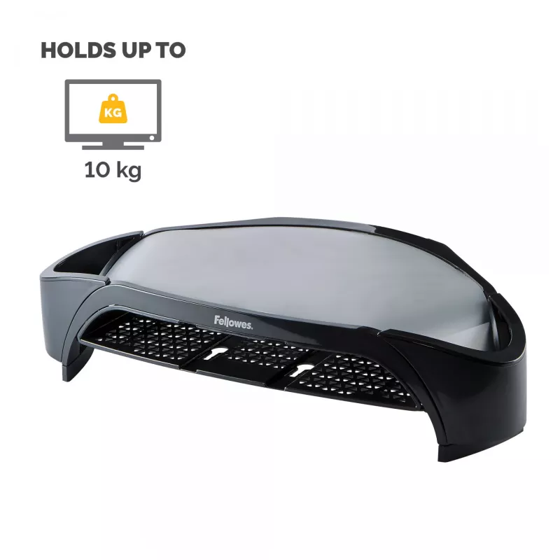 Fellowes datora monitoru statīvs ar 3 augstuma regulējumiem - Smart Suites Monitor Riser Plus ar glabāšanas nodalījumu - Ergonomisks regulējams monitoru statīvs datoriem - Maks. svars 10KG/Maks. izmērs 21 collas - Melns