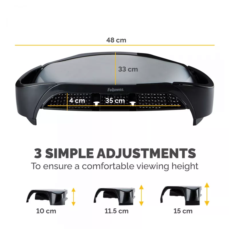 Fellowes datora monitoru statīvs ar 3 augstuma regulējumiem - Smart Suites Monitor Riser Plus ar glabāšanas nodalījumu - Ergonomisks regulējams monitoru statīvs datoriem - Maks. svars 10KG/Maks. izmērs 21 collas - Melns