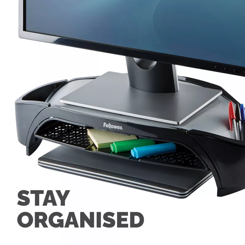 Fellowes datora monitoru statīvs ar 3 augstuma regulējumiem - Smart Suites Monitor Riser Plus ar glabāšanas nodalījumu - Ergonomisks regulējams monitoru statīvs datoriem - Maks. svars 10KG/Maks. izmērs 21 collas - Melns