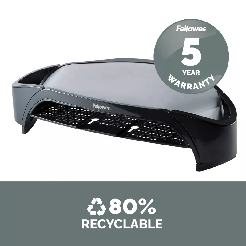 Fellowes datora monitoru statīvs ar 3 augstuma regulējumiem - Smart Suites Monitor Riser Plus ar glabāšanas nodalījumu - Ergonomisks regulējams monitoru statīvs datoriem - Maks. svars 10KG/Maks. izmērs 21 collas - Melns