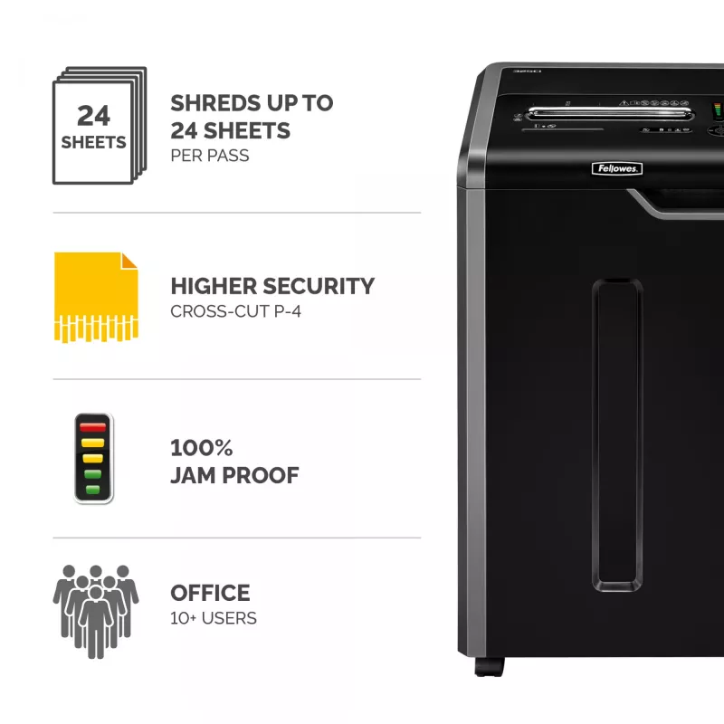 Fellowes papīra smalcinātājs 325Ci 24 lapu šķērsgriezuma smalcinātājs ar 83 litru tvertni, augsta drošība P4