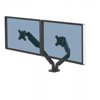 Fellowes Platinum Series divu monitoru svira – monitora stiprinājums diviem 8 kg smagiem 40 collu ekrāniem – regulējams divu monitoru galda stiprinājums – slīpums 45°, pagriešana 180°, grozīšana 360°, rotācija 360°, VESA 75 x 75/100 x 100 – melns