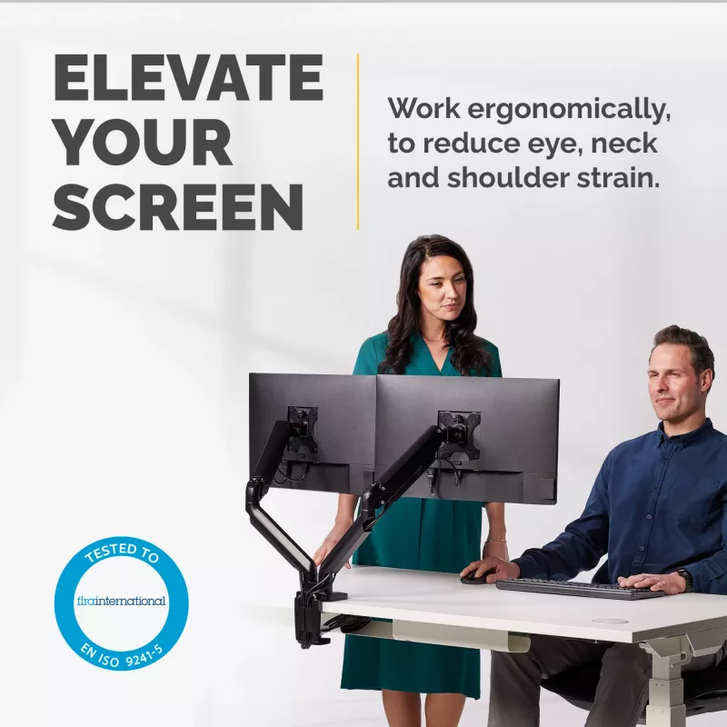 Fellowes Platinum Series divu monitoru svira – monitora stiprinājums diviem 8 kg smagiem 40 collu ekrāniem – regulējams divu monitoru galda stiprinājums – slīpums 45°, pagriešana 180°, grozīšana 360°, rotācija 360°, VESA 75 x 75/100 x 100 – melns