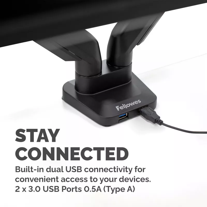 Fellowes Platinum Series divu monitoru svira – monitora stiprinājums diviem 8 kg smagiem 40 collu ekrāniem – regulējams divu monitoru galda stiprinājums – slīpums 45°, pagriešana 180°, grozīšana 360°, rotācija 360°, VESA 75 x 75/100 x 100 – melns