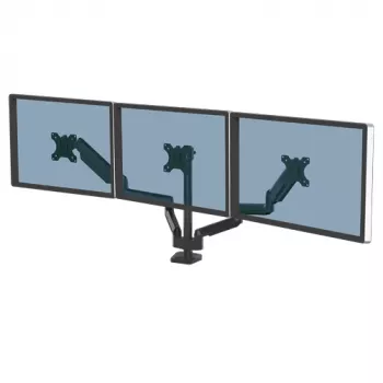 Fellowes Platinum Series trīskāršs monitora statīvs - Monitora stiprinājums trim 7 kg 27 collu ekrāniem - Regulējams trīskāršs monitora galda stiprinājums - Slīpums 45°, pagriešana 180°, grozīšana 360°, VESA 75 x 75/100 x 100 - Melns