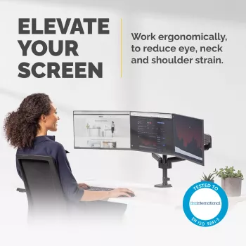 Fellowes Platinum Series trīskāršs monitora statīvs - Monitora stiprinājums trim 7 kg 27 collu ekrāniem - Regulējams trīskāršs monitora galda stiprinājums - Slīpums 45°, pagriešana 180°, grozīšana 360°, VESA 75 x 75/100 x 100 - Melns
