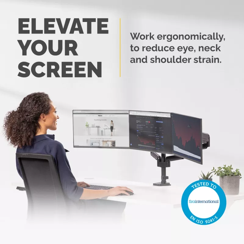 Fellowes Platinum Series trīskāršs monitora statīvs - Monitora stiprinājums trim 7 kg 27 collu ekrāniem - Regulējams trīskāršs monitora galda stiprinājums - Slīpums 45°, pagriešana 180°, grozīšana 360°, VESA 75 x 75/100 x 100 - Melns