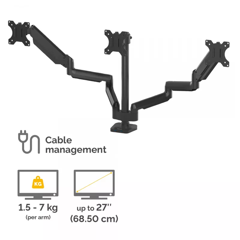 Fellowes Platinum Series trīskāršs monitora statīvs - Monitora stiprinājums trim 7 kg 27 collu ekrāniem - Regulējams trīskāršs monitora galda stiprinājums - Slīpums 45°, pagriešana 180°, grozīšana 360°, VESA 75 x 75/100 x 100 - Melns
