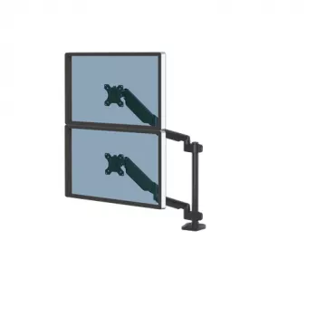 Fellowes Platinum sērijas dubultais kraušanas monitora kronšteins - monitora stiprinājums diviem 8 kg 27 collu ekrāniem - regulējams dubultā monitora galda stiprinājums - slīpums 45°, pagriešana 180°, grozāma 360°, VESA 75 x 75/100 x 100 - melns