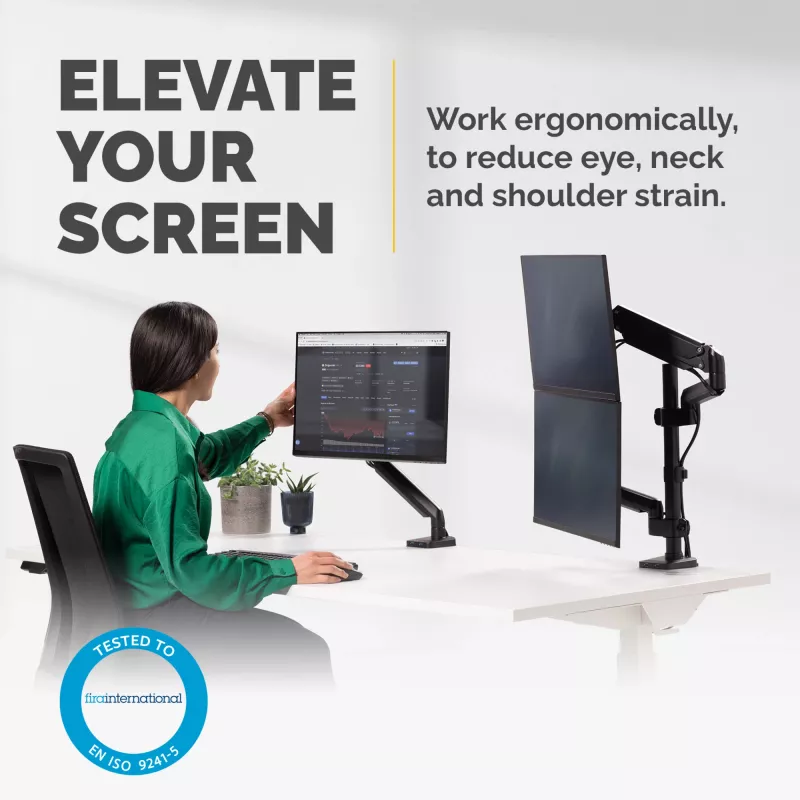 Fellowes Platinum sērijas dubultais kraušanas monitora kronšteins - monitora stiprinājums diviem 8 kg 27 collu ekrāniem - regulējams dubultā monitora galda stiprinājums - slīpums 45°, pagriešana 180°, grozāma 360°, VESA 75 x 75/100 x 100 - melns