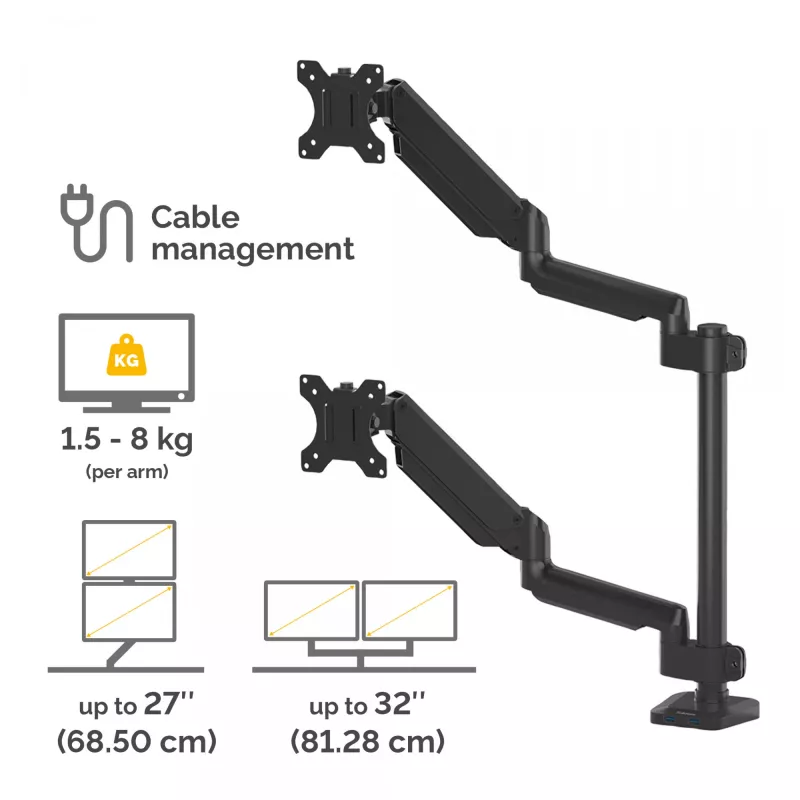 Fellowes Platinum sērijas dubultais kraušanas monitora kronšteins - monitora stiprinājums diviem 8 kg 27 collu ekrāniem - regulējams dubultā monitora galda stiprinājums - slīpums 45°, pagriešana 180°, grozāma 360°, VESA 75 x 75/100 x 100 - melns