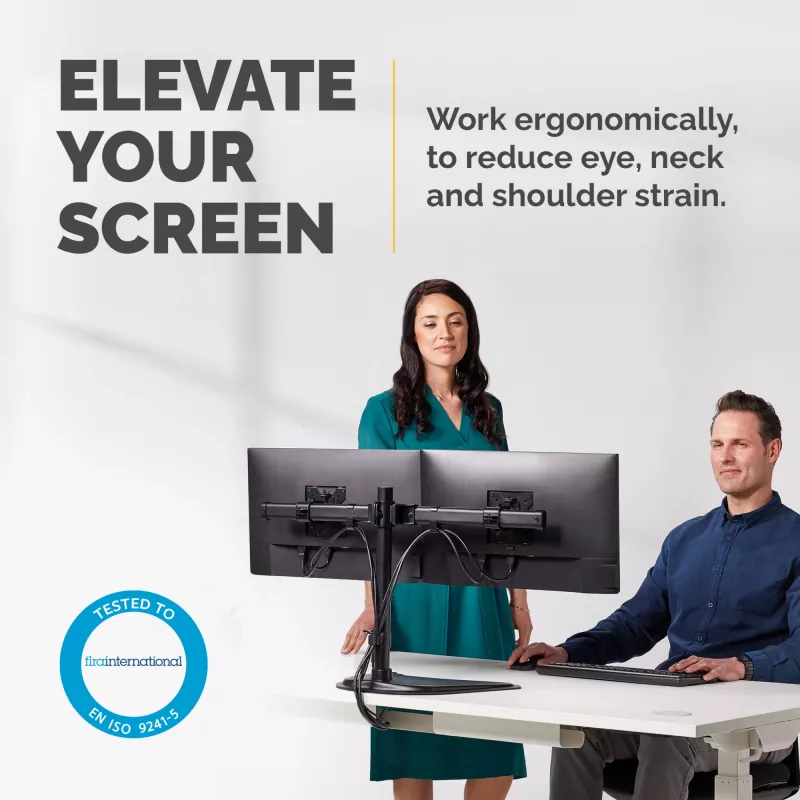 Fellowes Seasa dubultā monitora svira – brīvi stāvošs monitora stiprinājums 8 kg 27 collu ekrāniem – ergonomiska regulējama monitora svira – slīpums 45°, pagriešana 120°, rotācija 360°, VESA 75 x 75 / 100 x 100 – melns