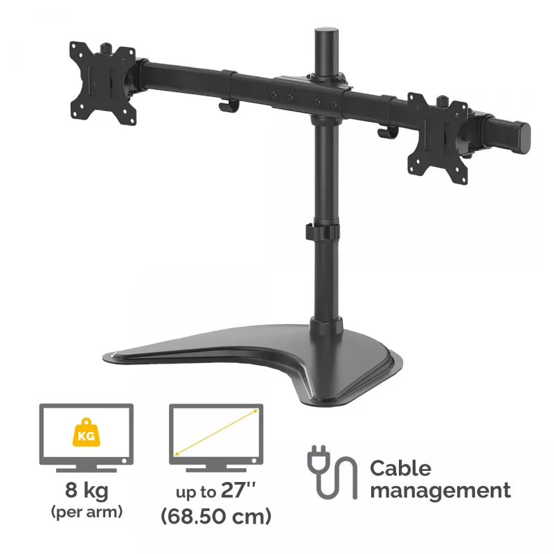 Fellowes Seasa dubultā monitora svira – brīvi stāvošs monitora stiprinājums 8 kg 27 collu ekrāniem – ergonomiska regulējama monitora svira – slīpums 45°, pagriešana 120°, rotācija 360°, VESA 75 x 75 / 100 x 100 – melns