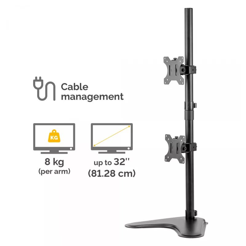 Fellowes Seasa Dual Stacking Monitor Arm - Brīvi stāvošs monitora statīvs līdz 8 kg un 32 collu ekrāniem - Ergonomisks regulējams monitora kronšteins - Slīpums 45°, panoramēšana 120°, rotācija 360°, VESA 75 x 75/100 x 100 - Melns
