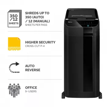 Fellowes Paper Shredder 350 Sheet Auto Feed Cross Cut Shredder AutoMax 350C Shredder ar 68 Litre Bin High Security P4