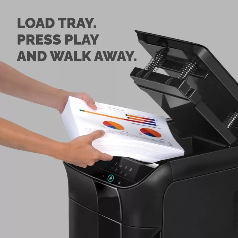 Fellowes Paper Shredder 350 Sheet Auto Feed Cross Cut Shredder AutoMax 350C Shredder ar 68 Litre Bin High Security P4