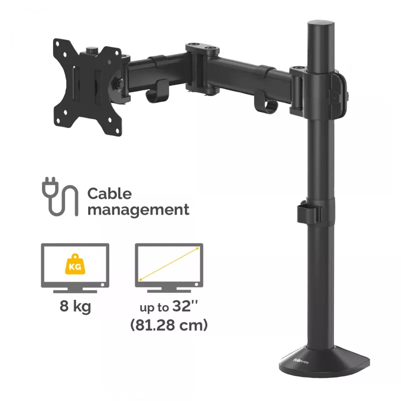 Fellowes Reflex monitora statīvs - Monitora stiprinājums 8 kg smagiem 32 collu ekrāniem - Regulējams monitora galda statīvs - Noliekšana 45°, pagriešana 180°, rotācija 360°, VESA 75 x 75/100 x 100 - Melns