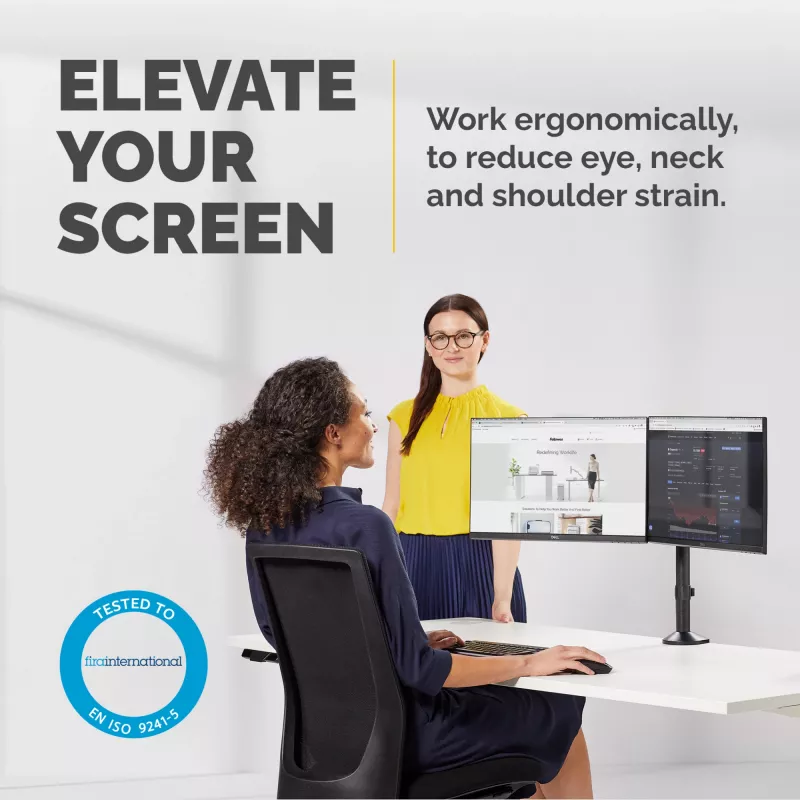 Fellowes Reflex divu monitoru rokas statīvs - Divu monitoru stiprinājums ekrāniem līdz 8 kg un 27 collām - Regulējams monitoru galda statīvs - Slīpums 45°, Pagriešana 180°, Rotācija 360°, VESA 75 x 75/100 x 100 - Melns
